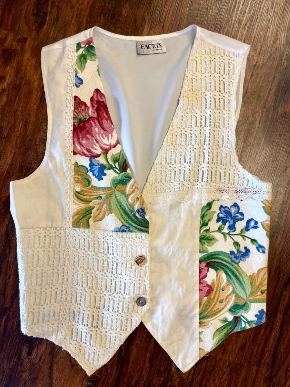 Vintage 1990s Facets Patchwork Crochet + Floral Tapestry Vest Womens Size 1X - Picture 2 of 13